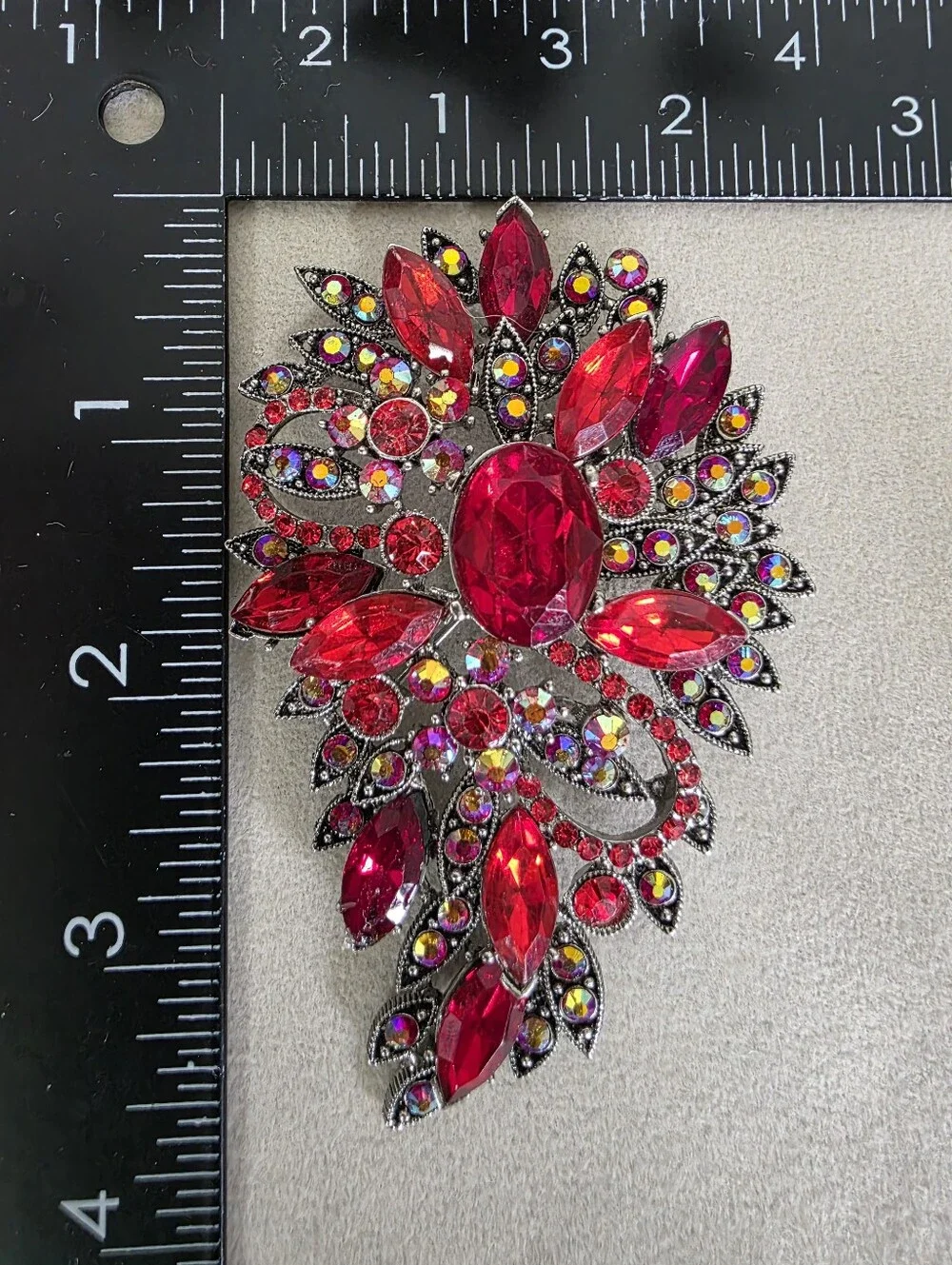 Vintage Style Ruby Red AB Rhinestone Floral Brooch Pin | Large Statement Pin